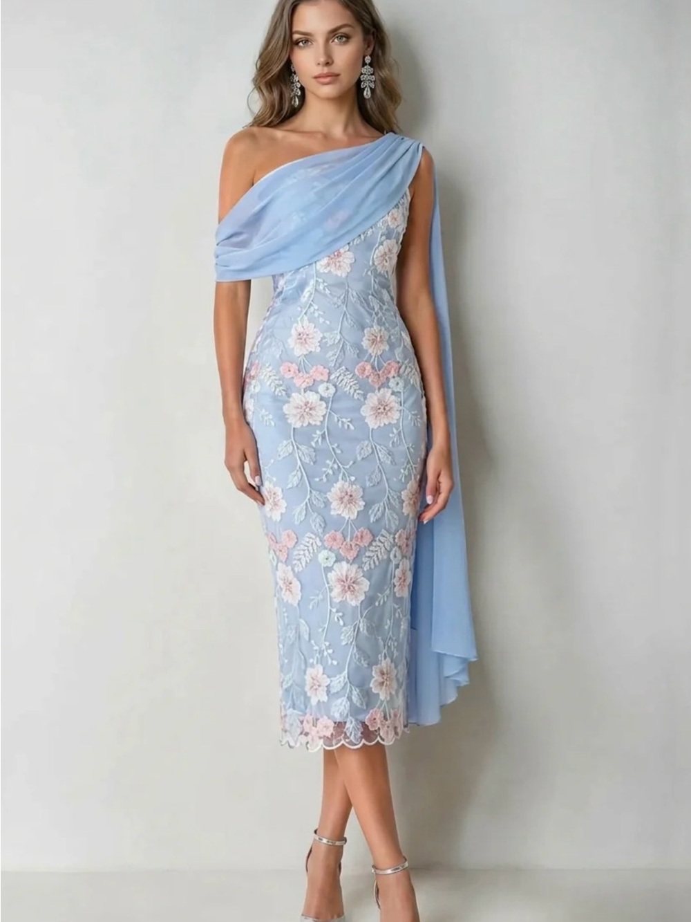 Floral, light blue one shoulder dress
